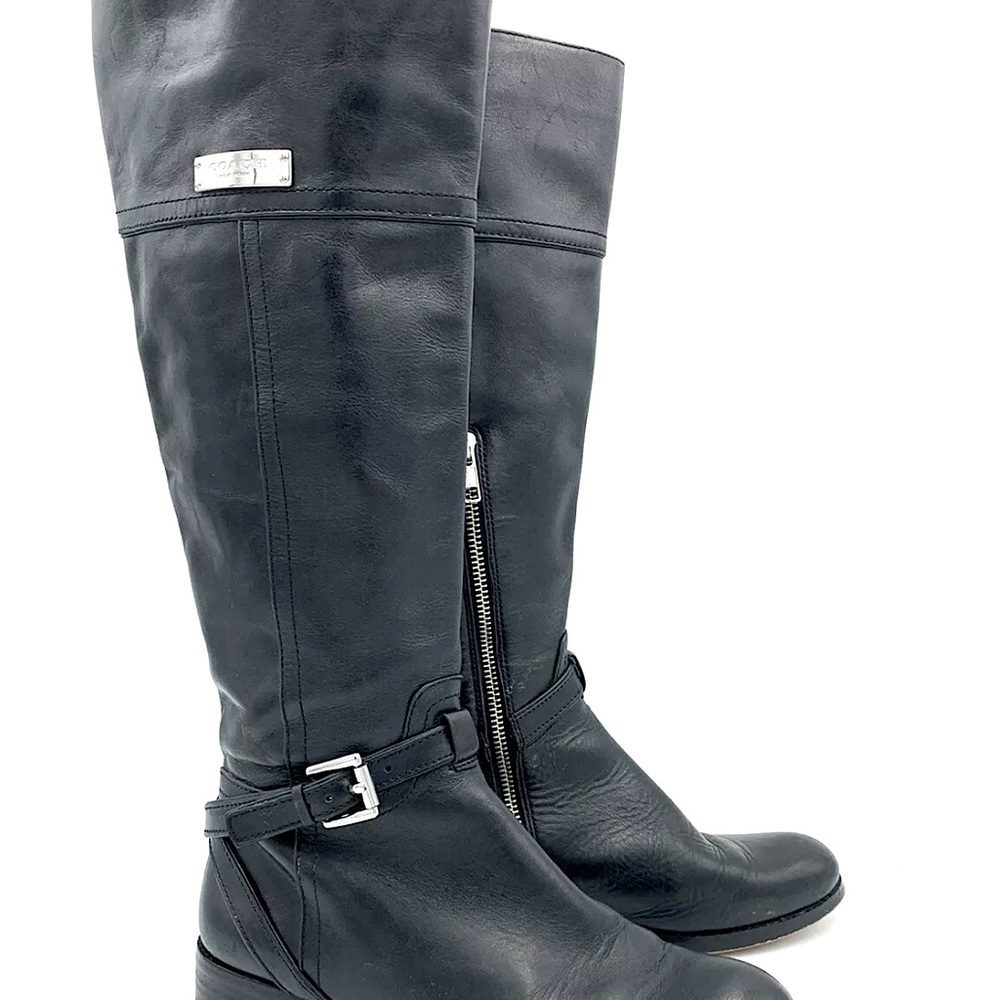 Coach Black Calf Leather Micha Riding Boots Silver Buckle/Zippers NEW • Size: 6M